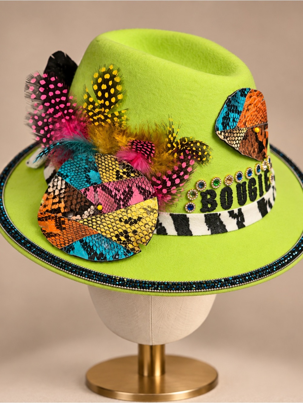 Lime Green Embellished Fedora Hat with Multicolor Accents